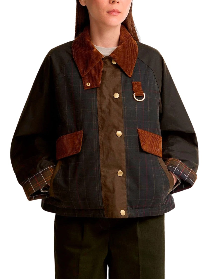 Barbour Cropped Waxed Jacket With Plaid Accents And Corduroy Collar