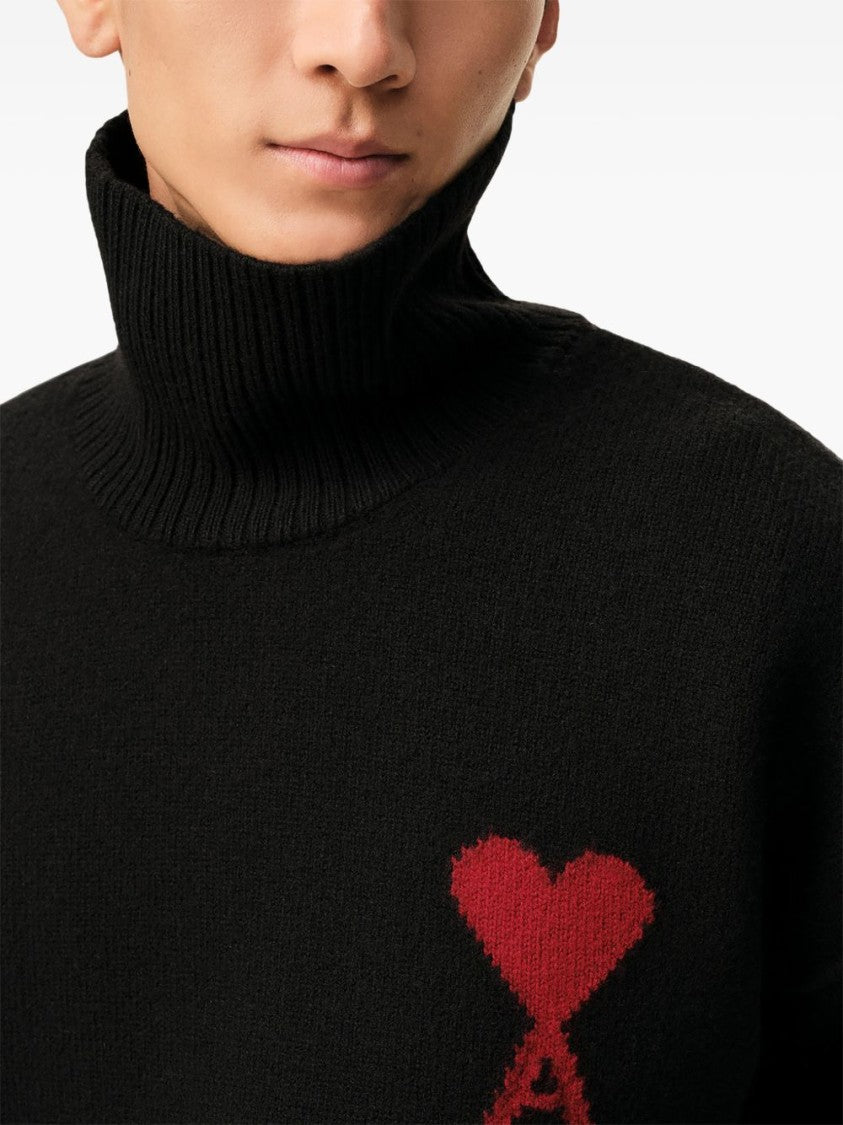 Ami Paris High Ribbed Turtleneck Sweater With Distinctive Heart Emblem