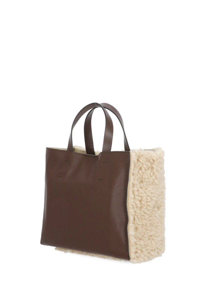 Marni Beige Fur-Front Gold Logo Leather Shoulder Bag