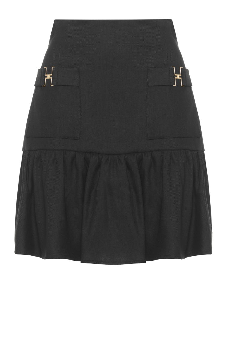 Elisabetta Franchi Flared Black Linen Skirt With Logo Accents