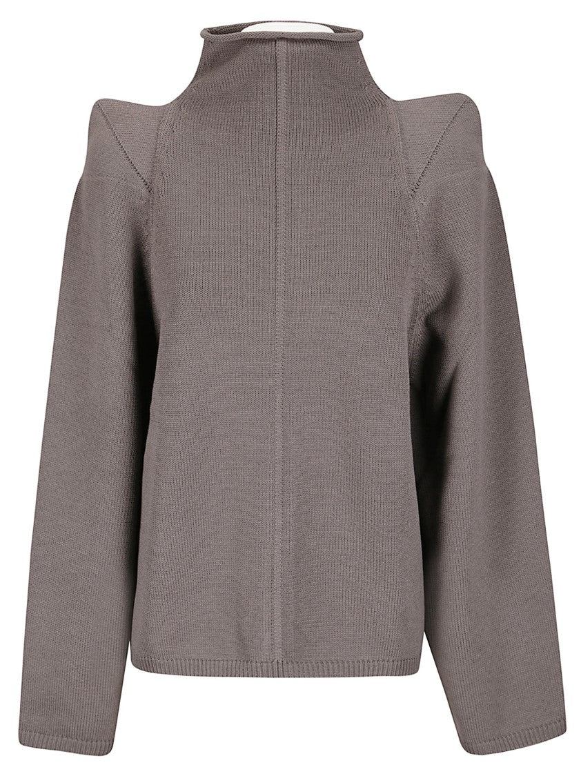 Rick Owens High-Collared Thick Knit Wool Sweater With Geometric Shoulder Details