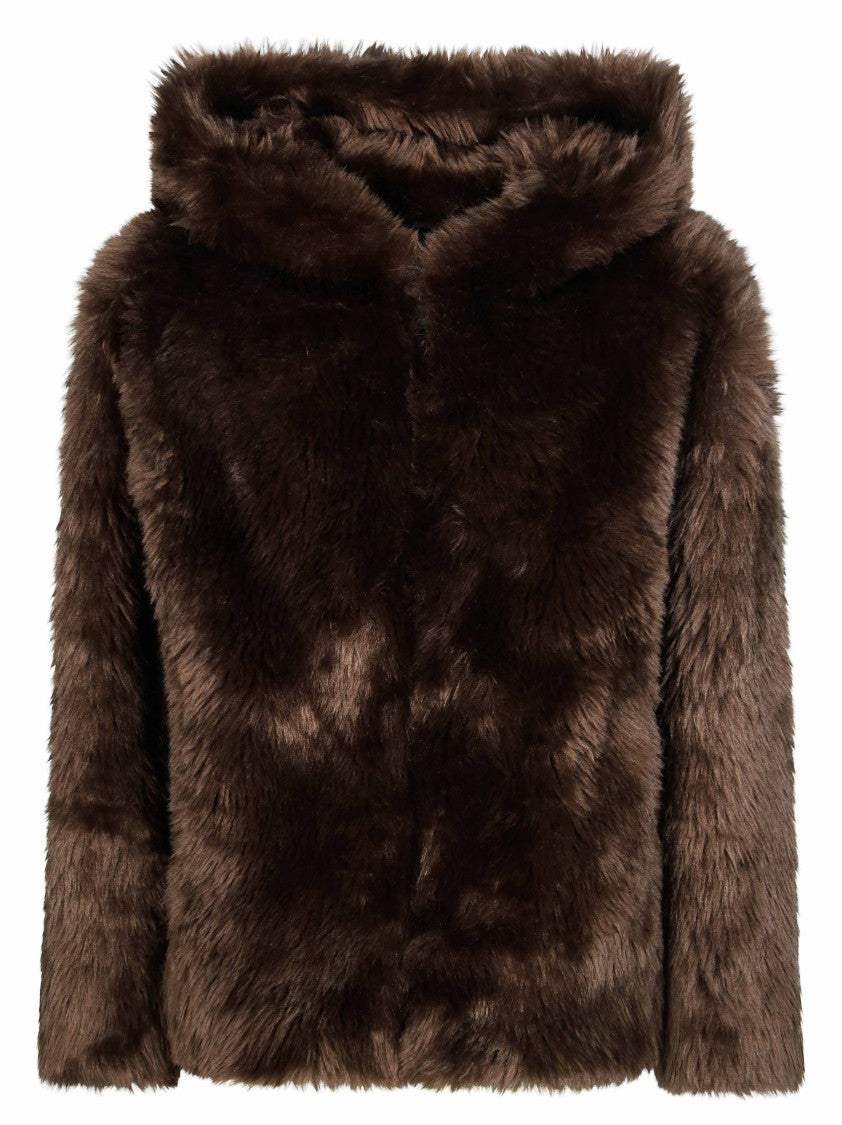 Parosh Brown Hooded Faux Fur Down Jacket