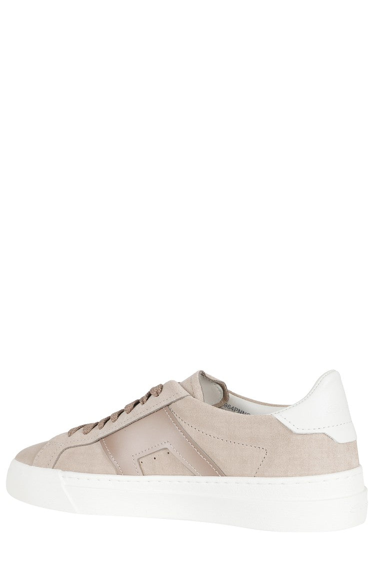 Santoni Beige Gloria Tumbled Leather Rubber Sole Leather Sneakers