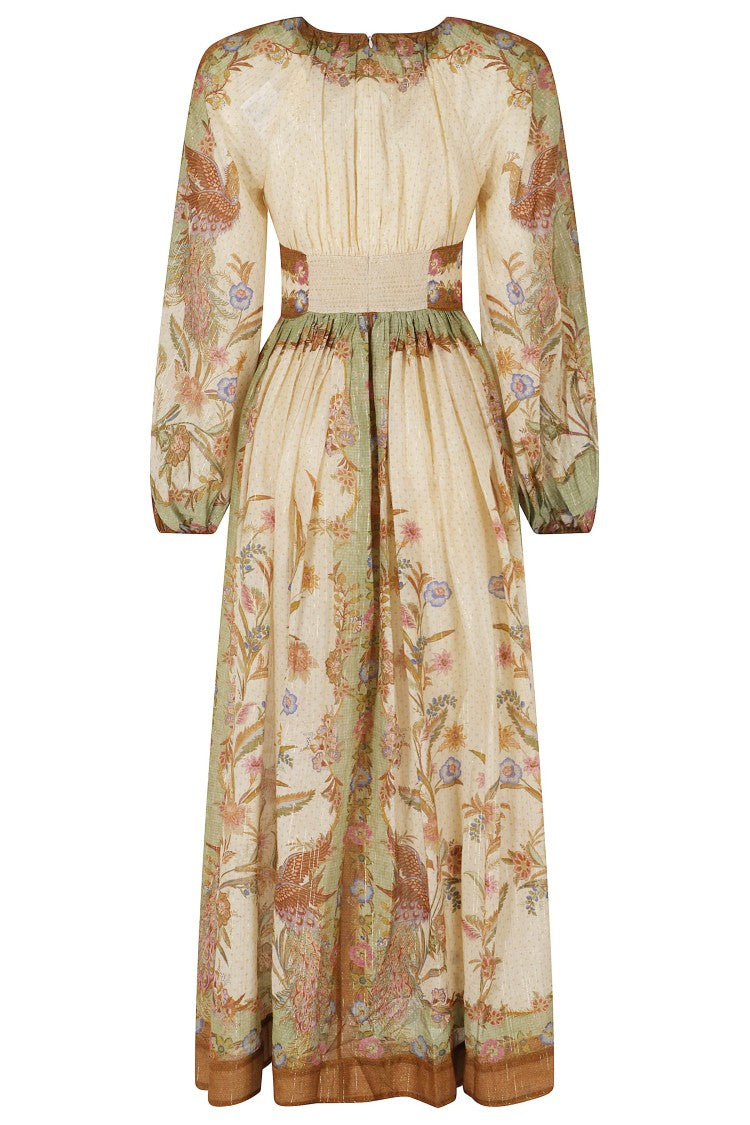 Zimmermann Cream Khaki Indra Waisted Floral Metallic Cotton Maxi Dress