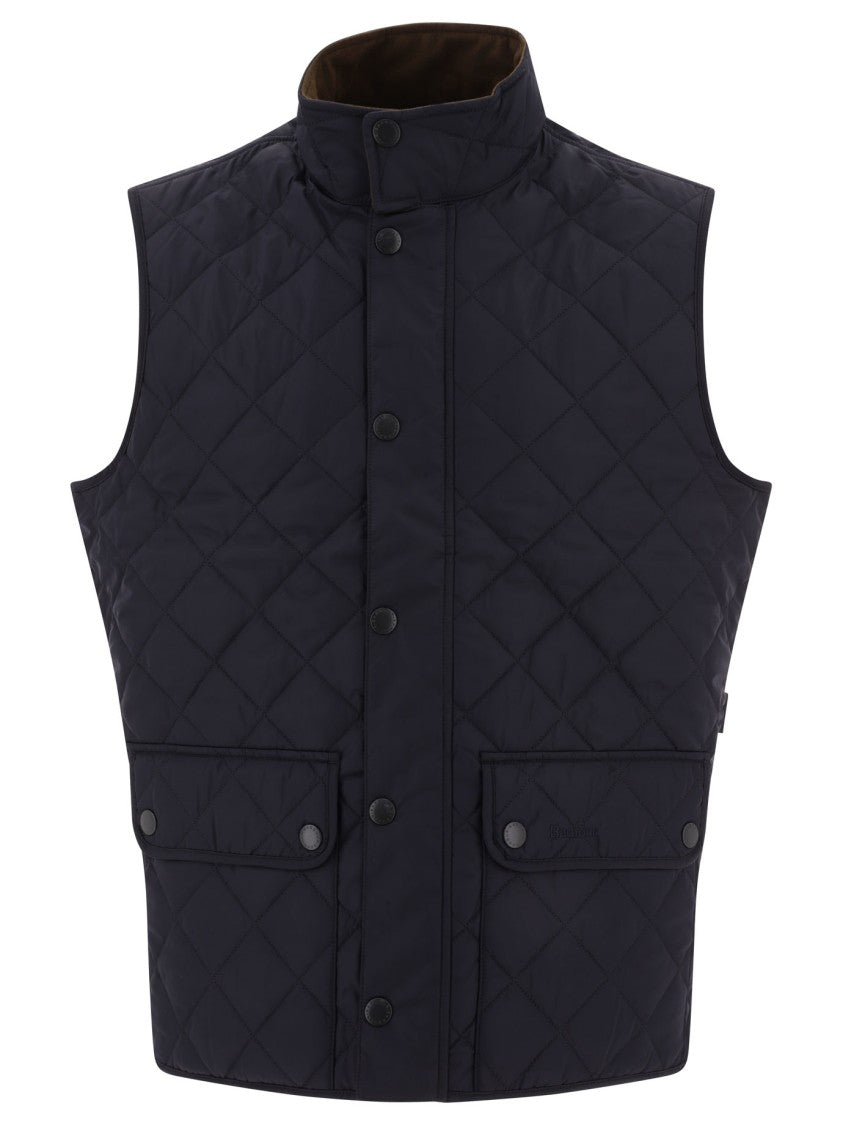 Barbour Sleeveless Quilted Blue Vest With High Collar And Dual Front Pockets