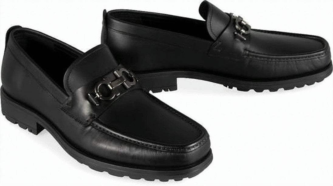Salvatore Ferragamo Black Leather Loafers With Metallic Buckle