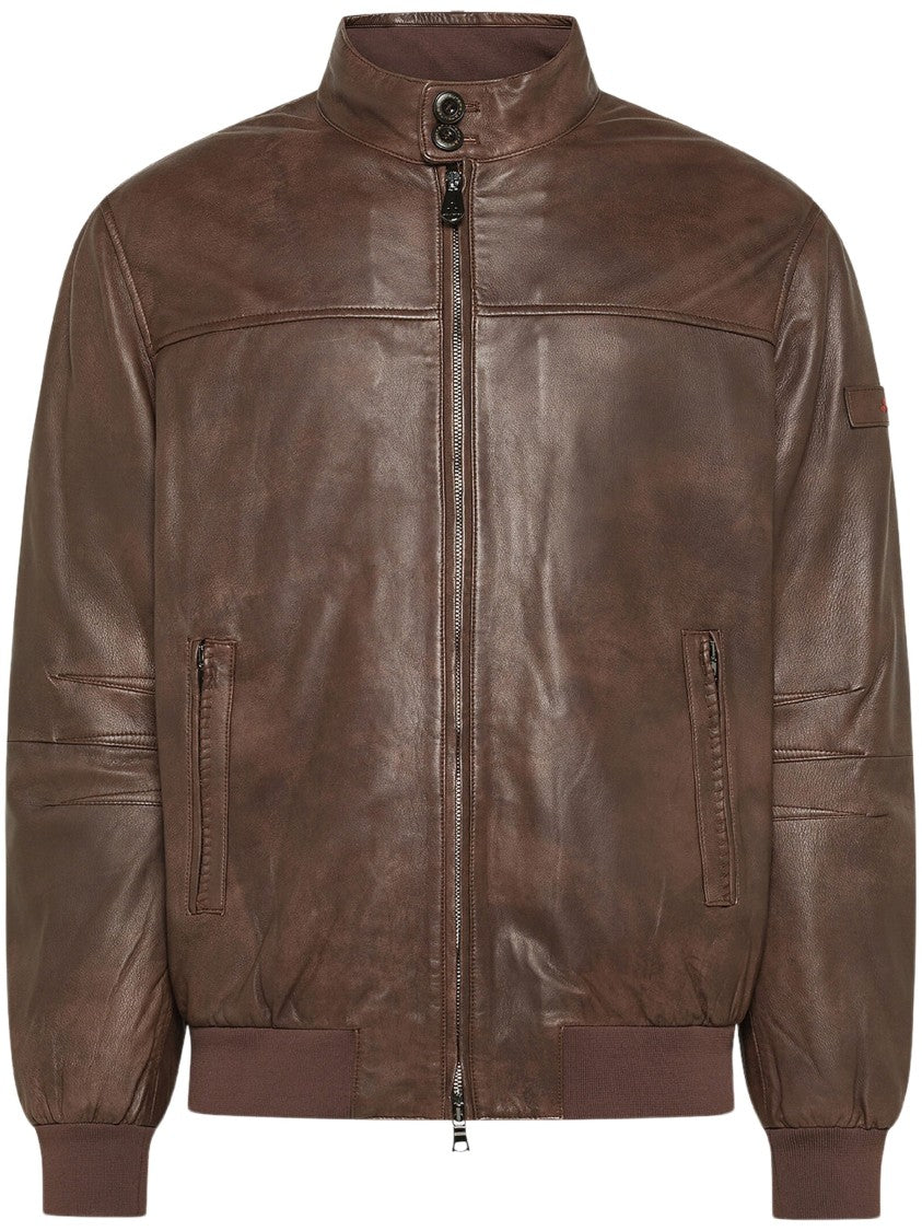 Peuterey Brown Vintage-Effect Leather Bomber Jacket With Ribbed Details
