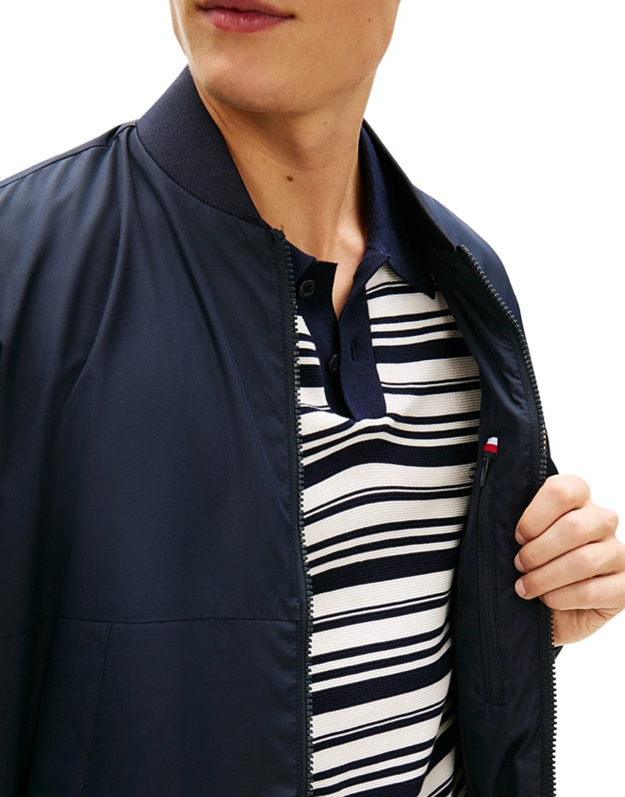 Tommy Hilfiger Water-Resistant Navy Bomber Jacket With Baseball Collar And Storm Flap