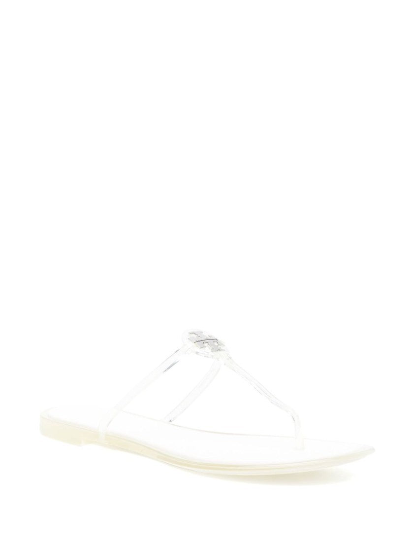 Tory Burch Transparent Strap Silver Sandals With Metallic Emblem Detail