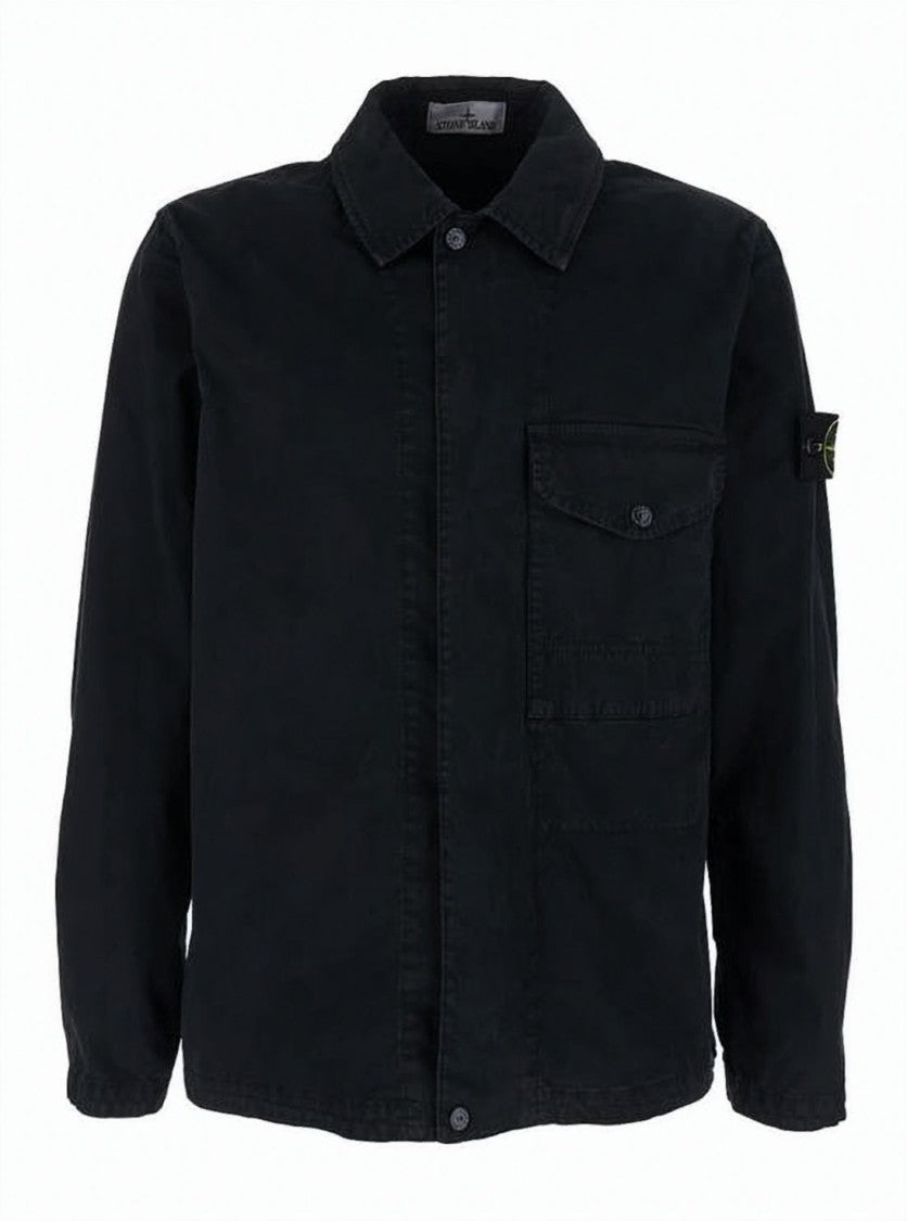 Stone Island Black Casual Jacket With Classic Collar And Signature Patch