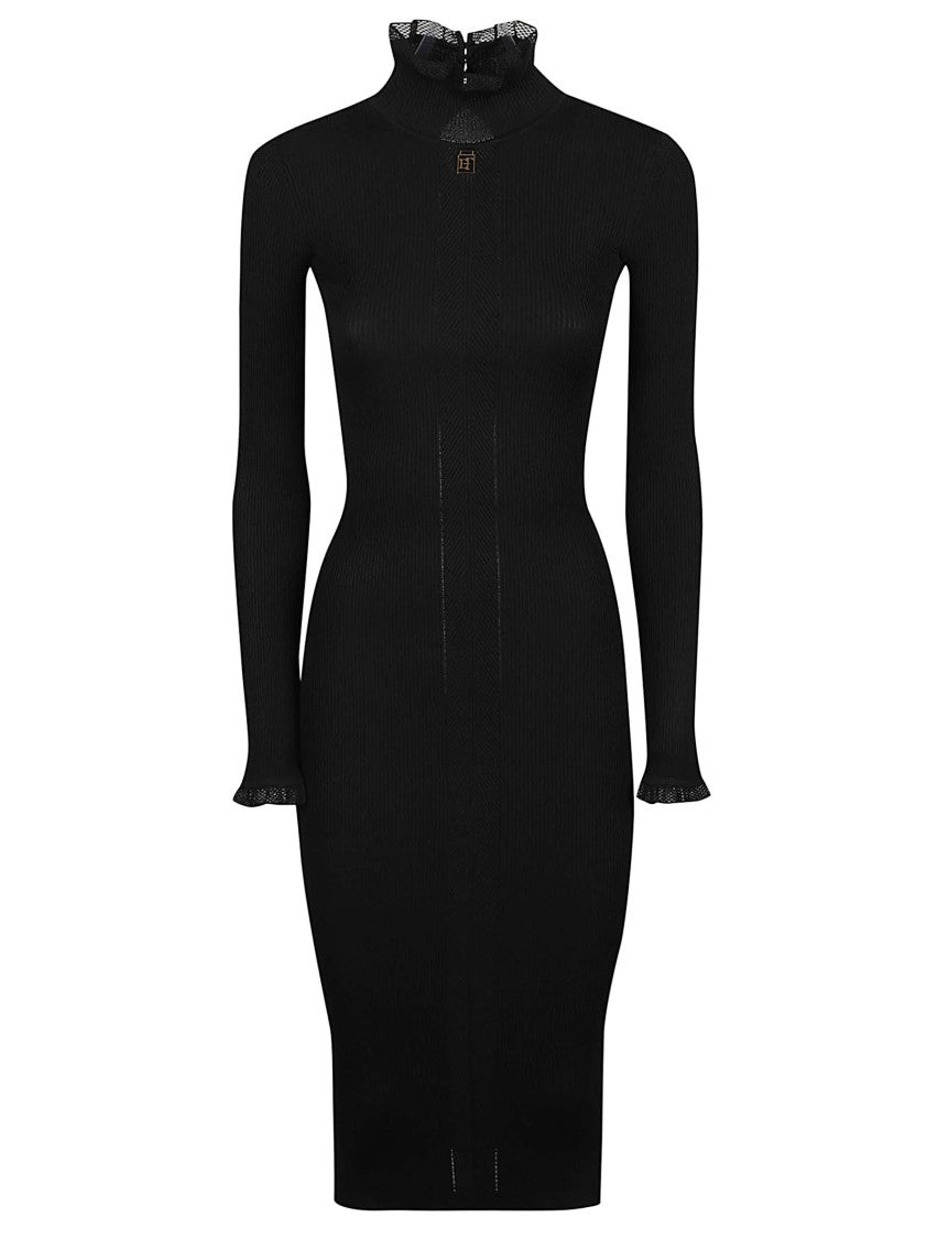 Elisabetta Franchi Fitted Ribbed Midi Dress With Ruffle Details