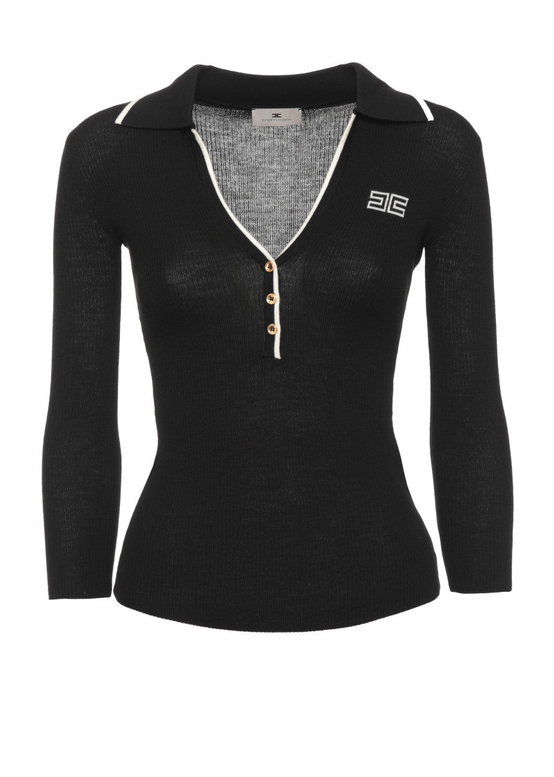 Elisabetta Franchi Ribbed Wool Sweater With Profile Collar And Gold Accents