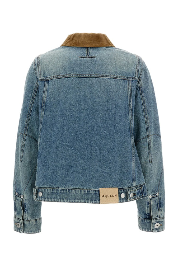Alexander Mcqueen A-Line Cropped Denim Jacket With Corduroy Collar