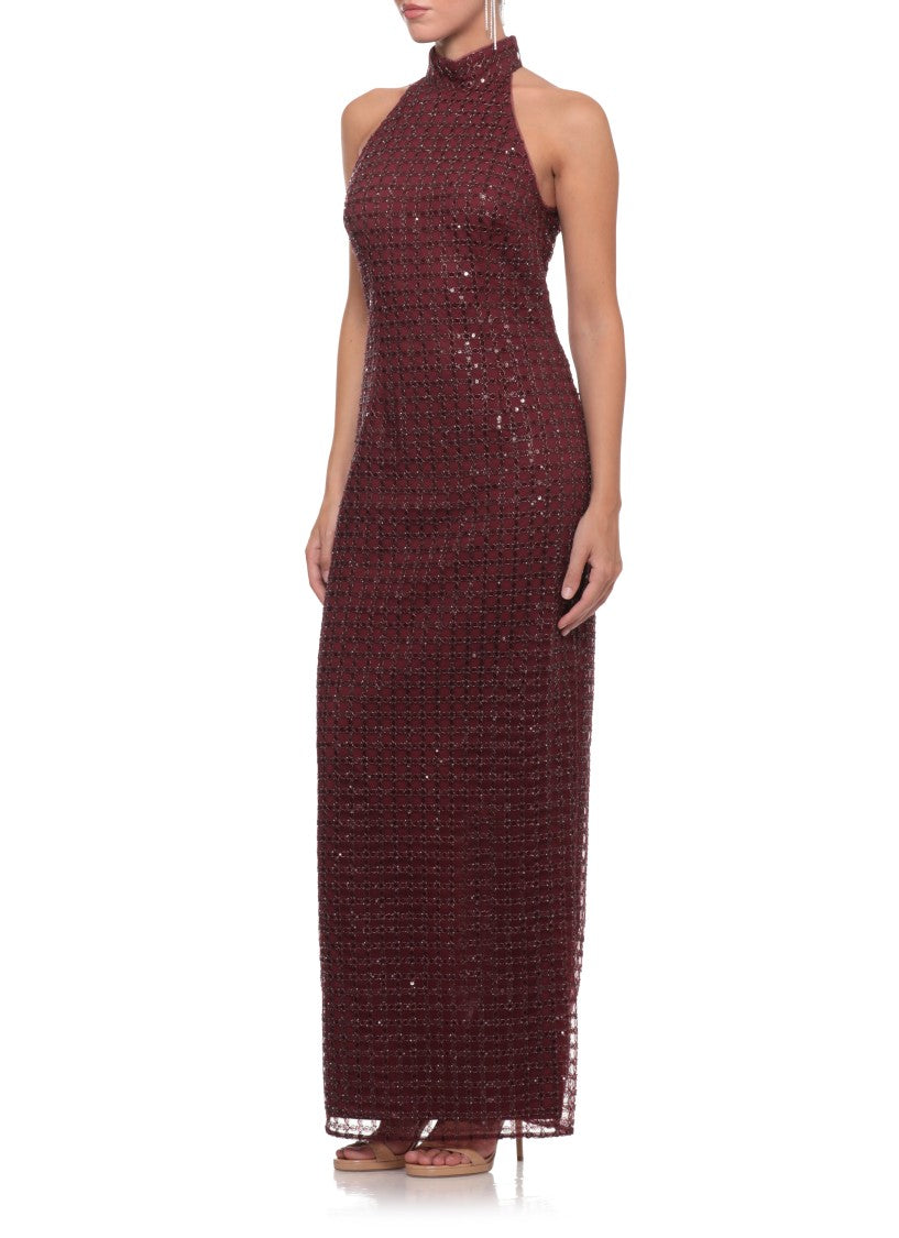 Rotate Burgundy Long Dress With All-Over Beaded Pattern