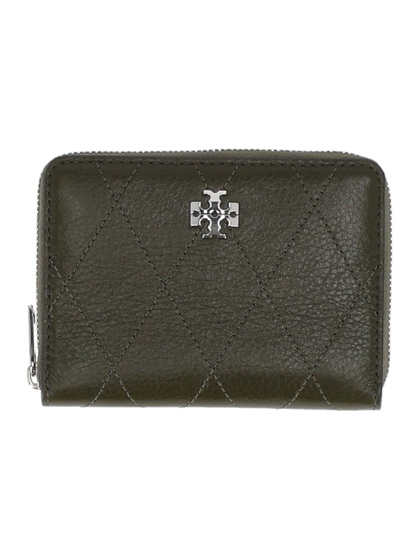Tory Burch Silver Emblem Quilted Small Zip-Around Wallet