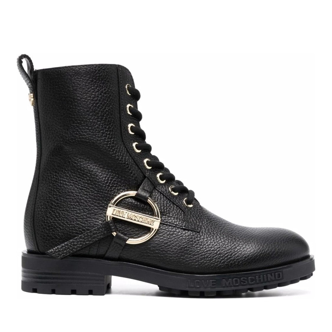Love Moschino Black Leather Textured Gold-Tone Buckle Boots