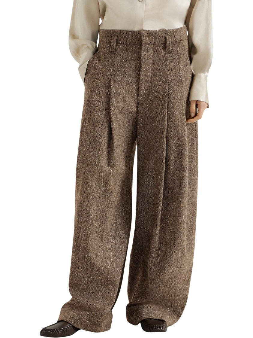 Brunello Cucinelli High-Waisted Wide-Leg Trousers With Textured Tweed Finish