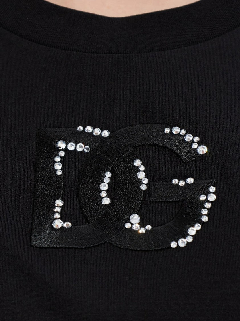 Dolce & Gabbana Black Cotton Rhinestone Embellished Logo T-Shirt