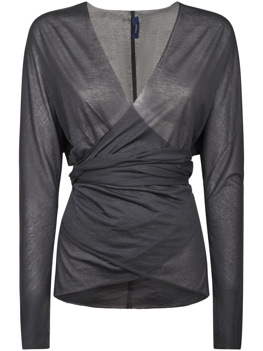 Soeur Semi-Sheer Long-Sleeved Top With Wrap Detail