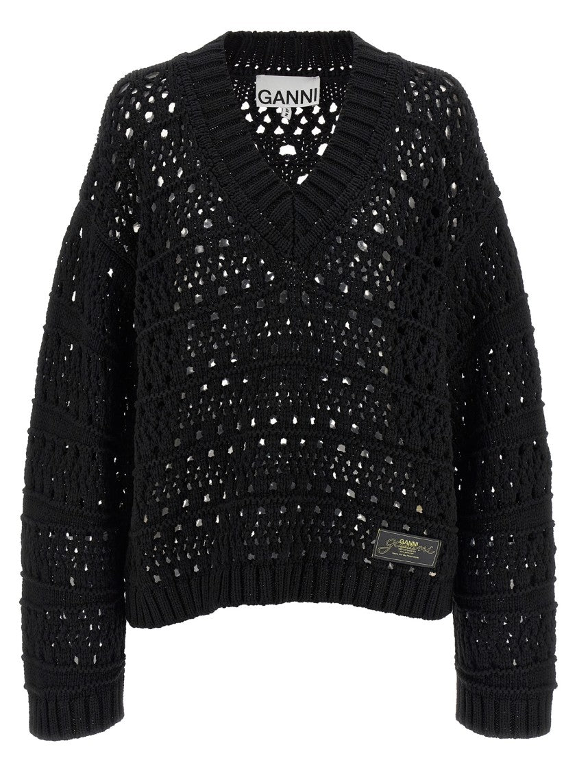 Ganni Black Crochet V-Neck' Sweater