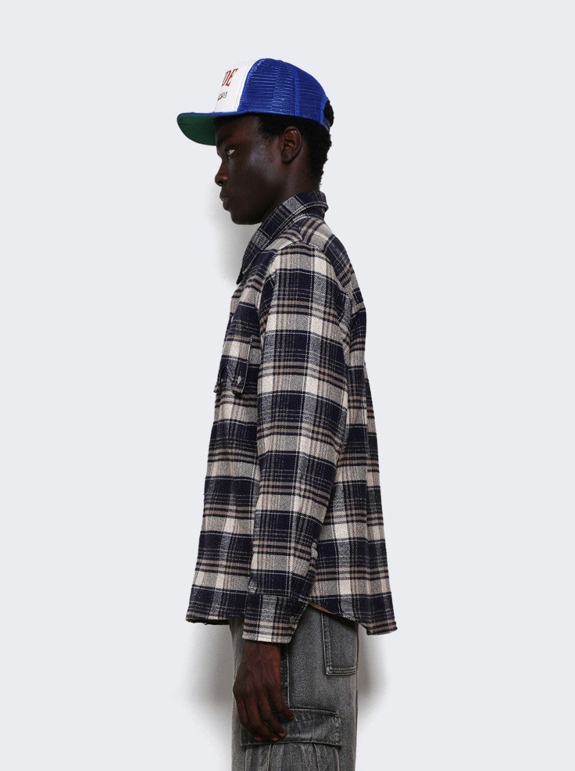 Rhude Flannel Long Sleeves Overshirt Dark Navy And Beige