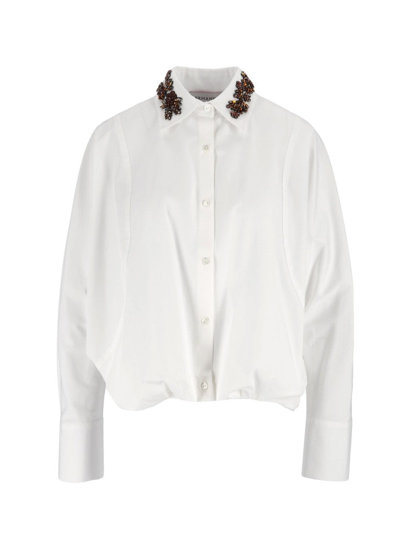 Ermanno Scervino White Cropped Embellished Collar Wide Cuff Shirt