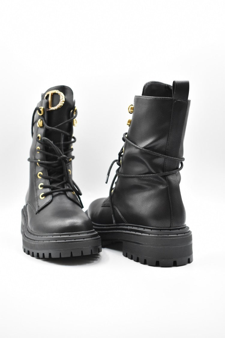 Twin-Set Laced Black Leather Boots With Gold Eyelets