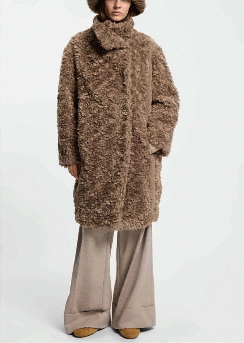 Boss Faux Fur Coat With Mandarin Collar
