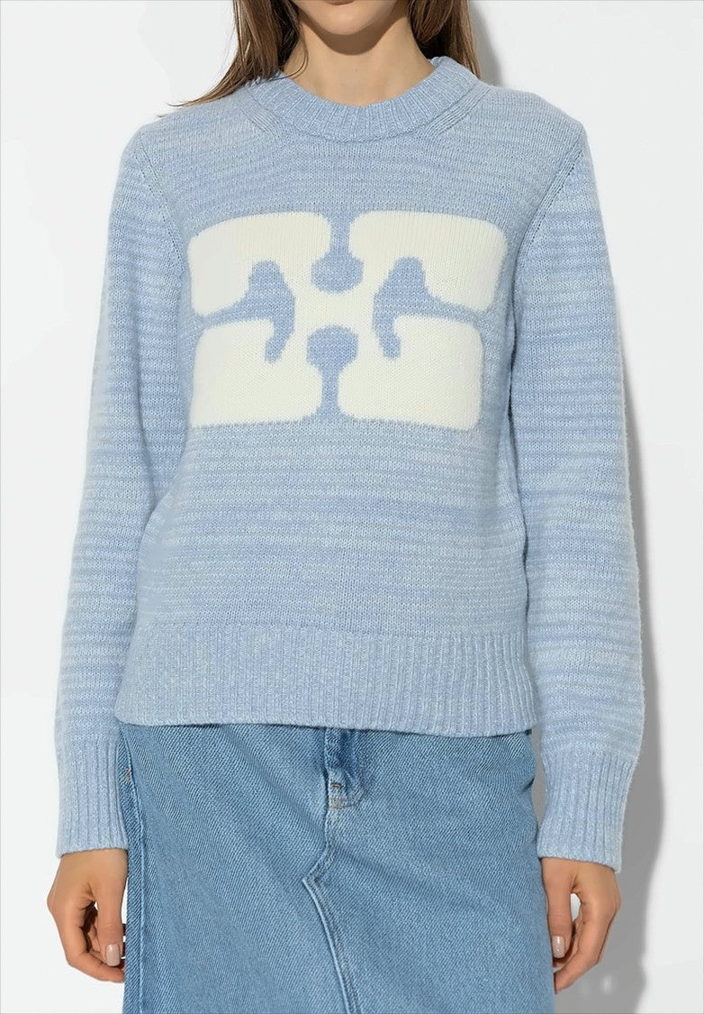 Ganni Textured Blue Wool Blend Pullover Sweater With Abstract Graphic