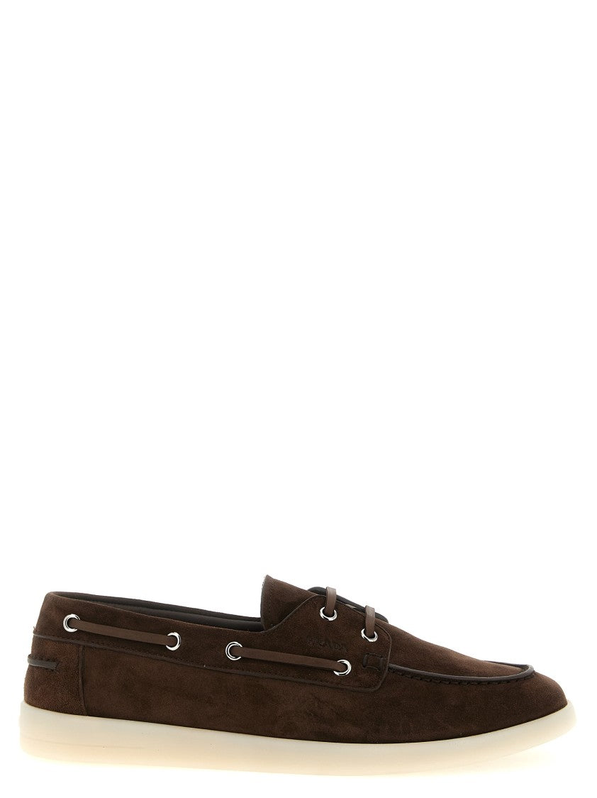 Prada Brown Suede Boat Loafers With Leather Laces And Logo Detail