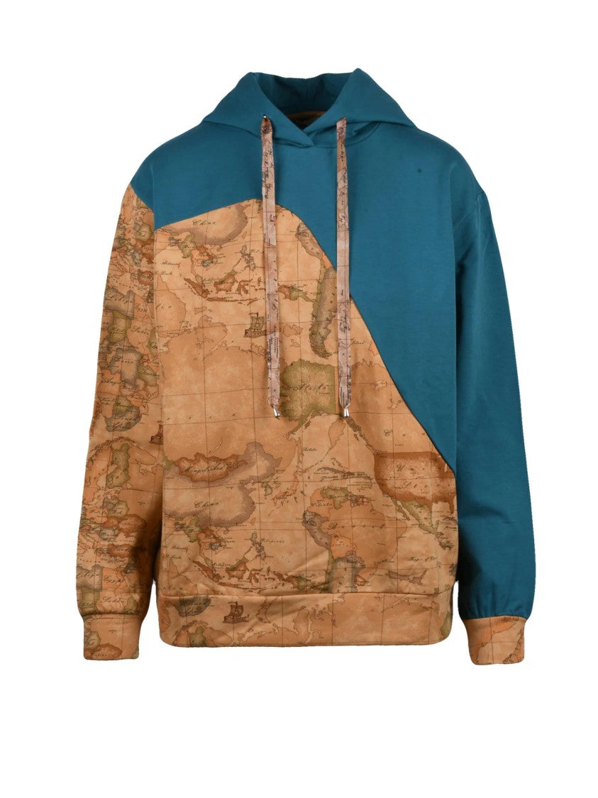 1 Classe Destination Green/Brown Map Print Stretch Cotton Hoodie