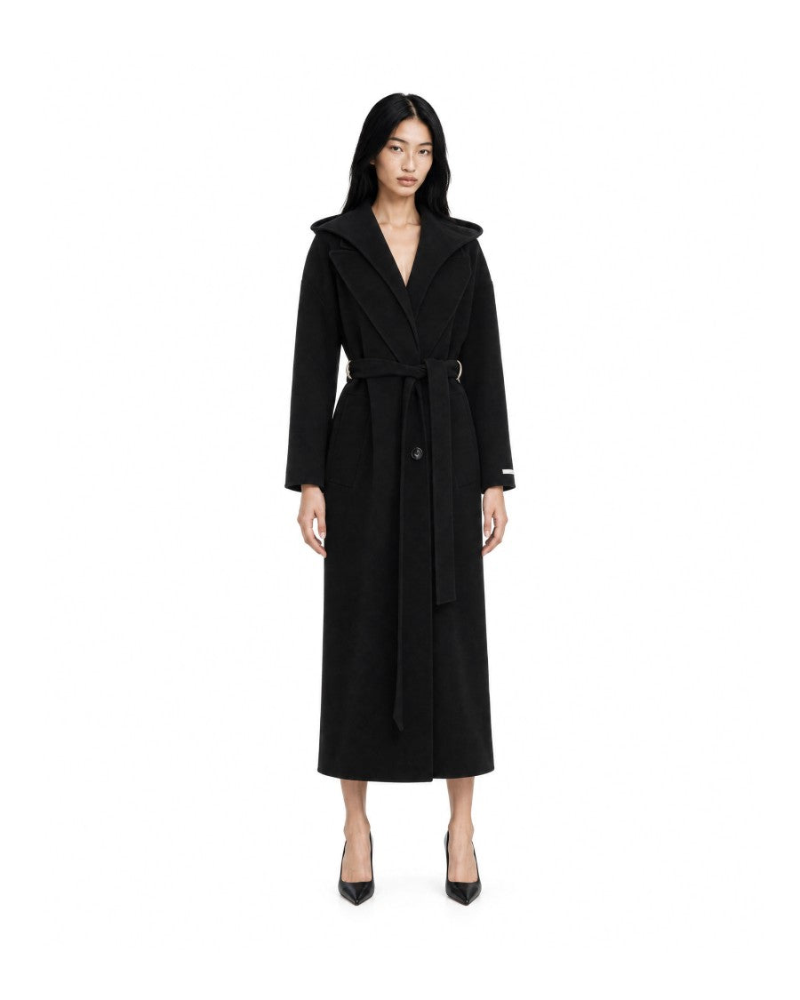 Sportmax Nero Olmo Hooded Bib Belted Wool Coat