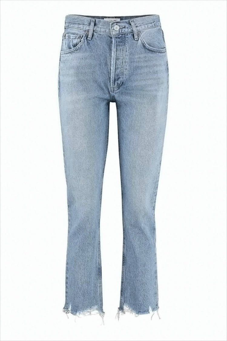 Agolde Light Blue Cropped Denim Pants With Frayed Hem