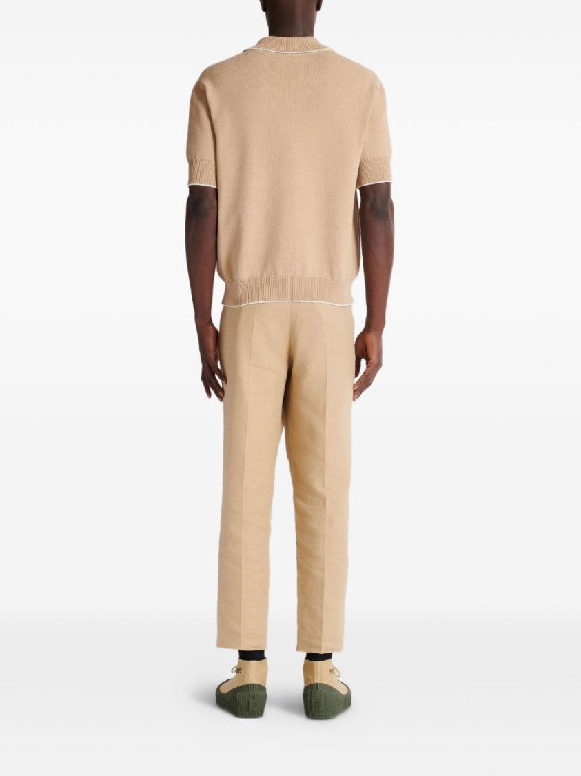 Balmain Beige V-Neck Embroidered Knit Polo Shirt