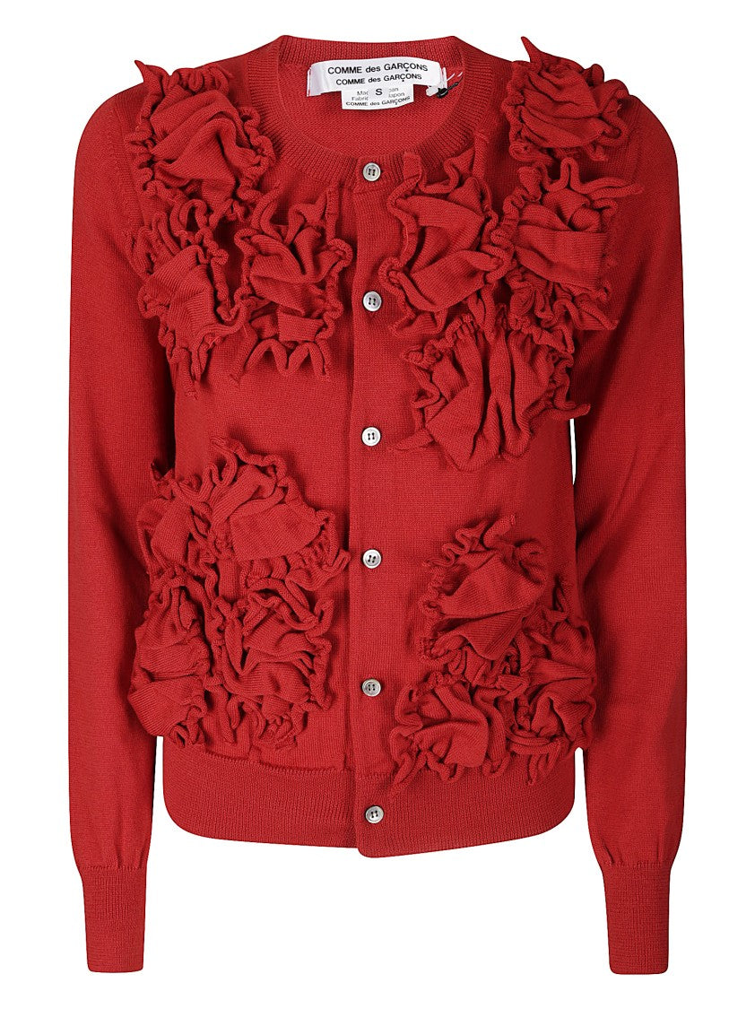 Comme Des Garçons Red Wool Sweater With Textured Floral Appliques