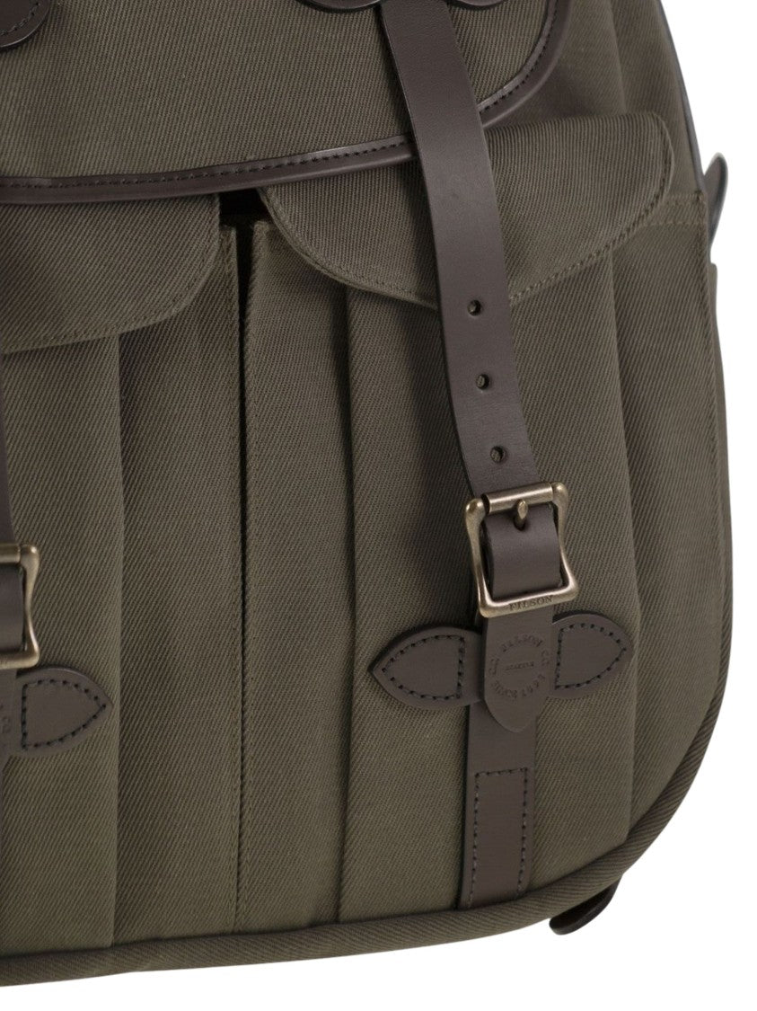 Filson Twill Fabric Backpack With Leather Accents And Functional Design