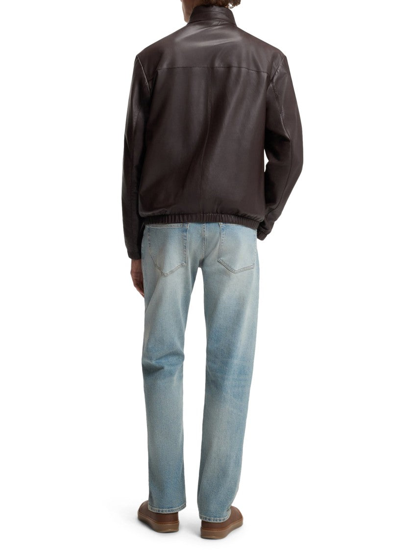 Boss Brown Leather Jacket With Zipper Closure