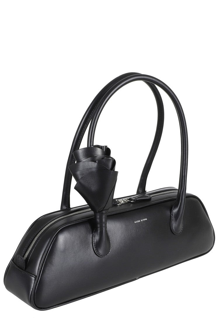 Magda Butrym Black Brigitte Trapeze Floral Applique Handle Leather Shoulder Bag