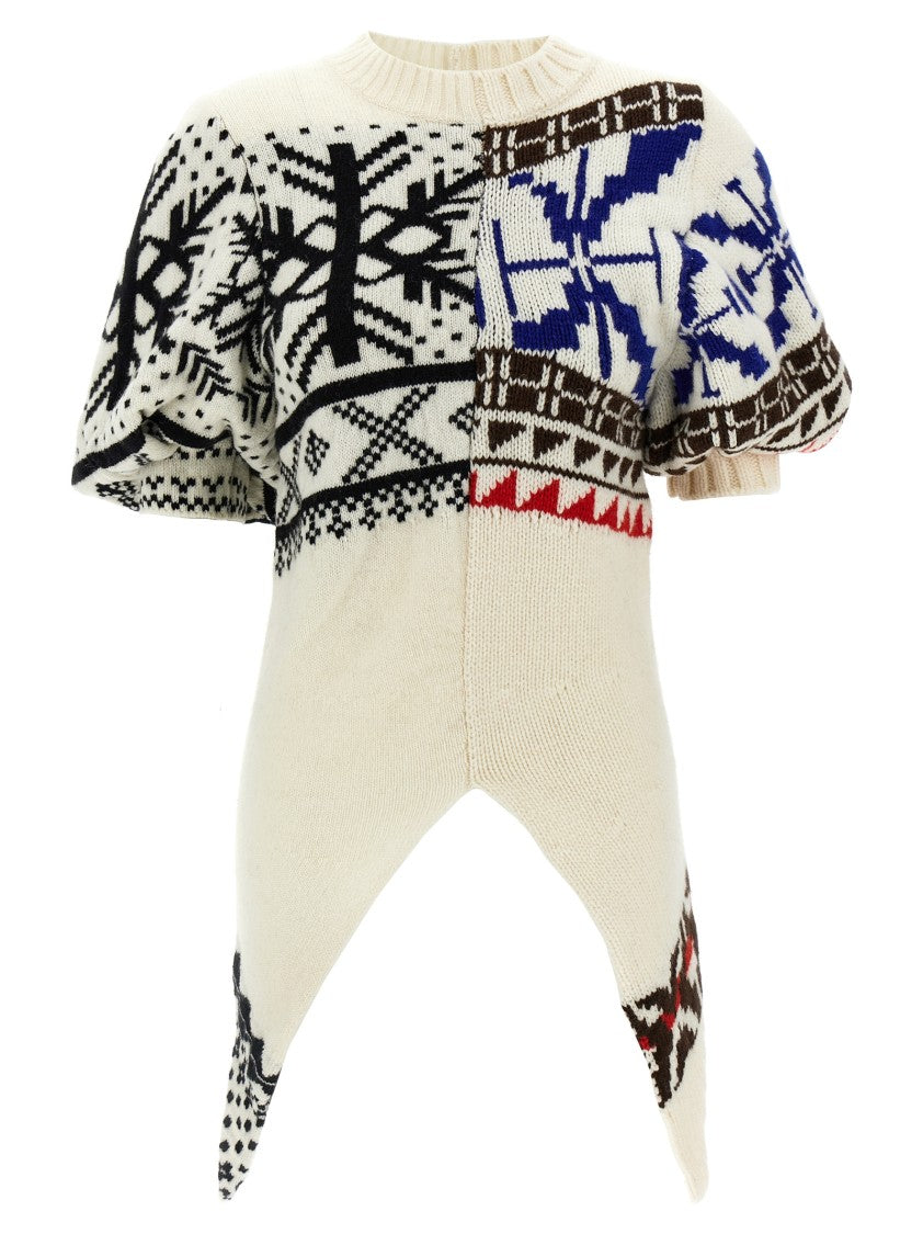 Sacai Wool Blend Jacquard Sweater With Asymmetrical Hem And Puff Sleeves