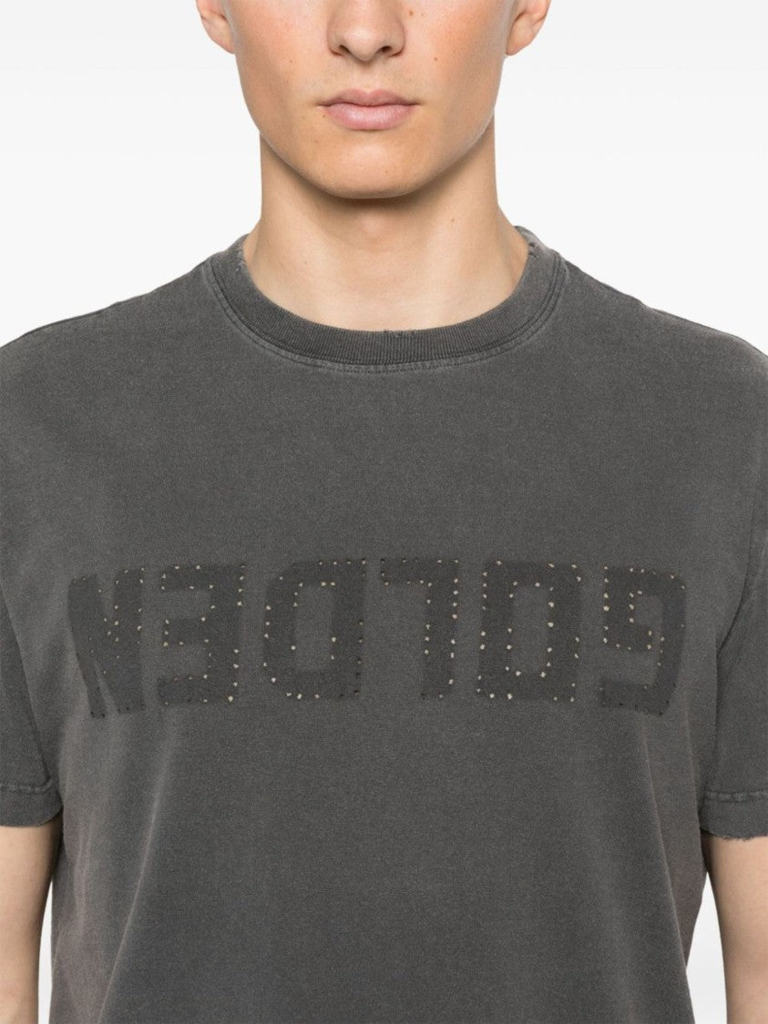 Golden Goose Grey Cotton Distressed Logo T-Shirt