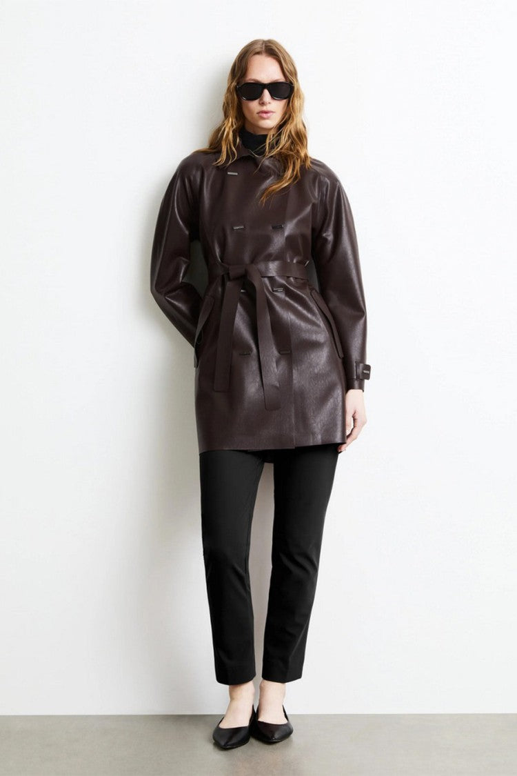 Rrd Dark Brown Glossy Double-Breasted Belted Trench Coat