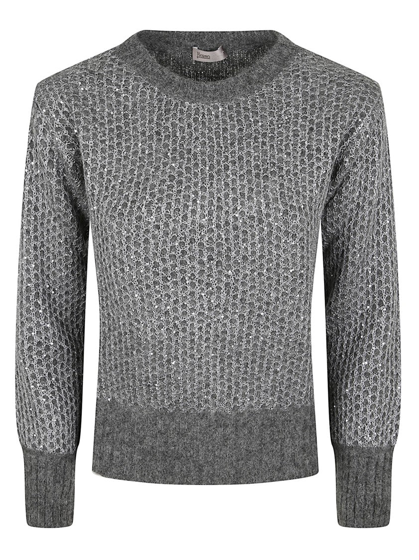 Herno Textured Knit Sweater With Sequined Detail And Classic Crew Neckline