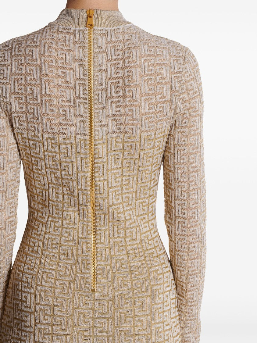 Balmain Neutral Abito Fitted Knit Monogram Dress