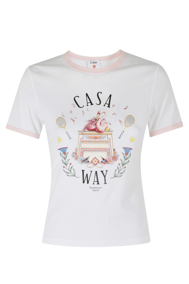 Casablanca White Pink Longline Ringer Graphic Print Organic Cotton T-Shirt