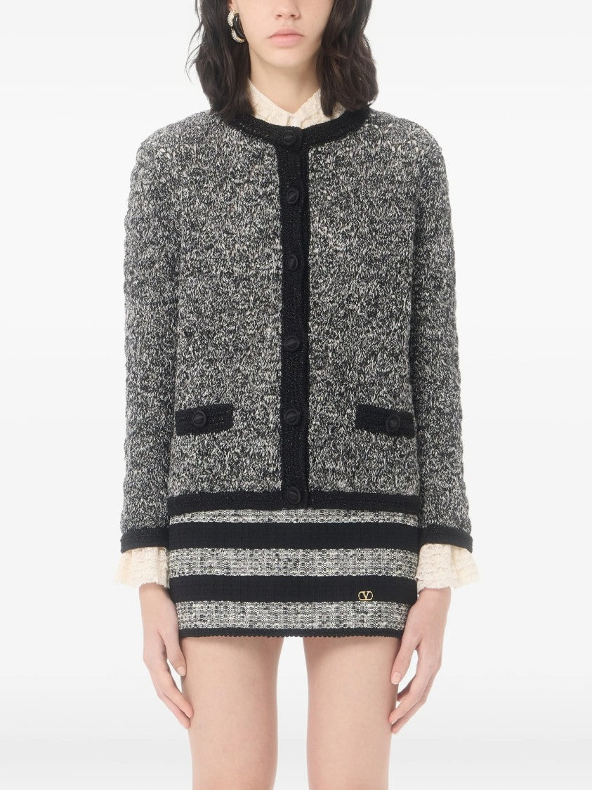 Valentino Textured Knit Jacket With Marled Pattern And Black Trim