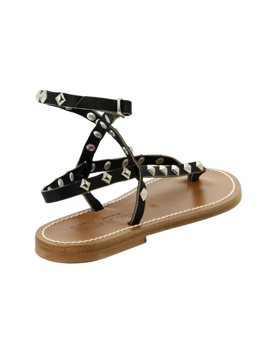 K Jacques St Tropez Strappy Black Leather Sandals With Metallic Studs