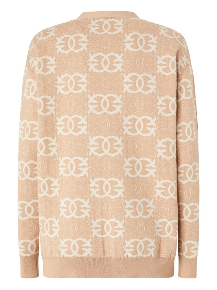 Pinko Beige Half Breed Geometric Pattern V-Neck Viscose-Blend Cardigan