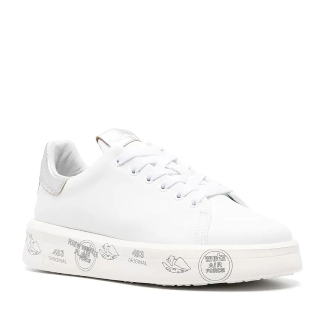 Premiata White Leather Graphic Metallic Accent Sneakers