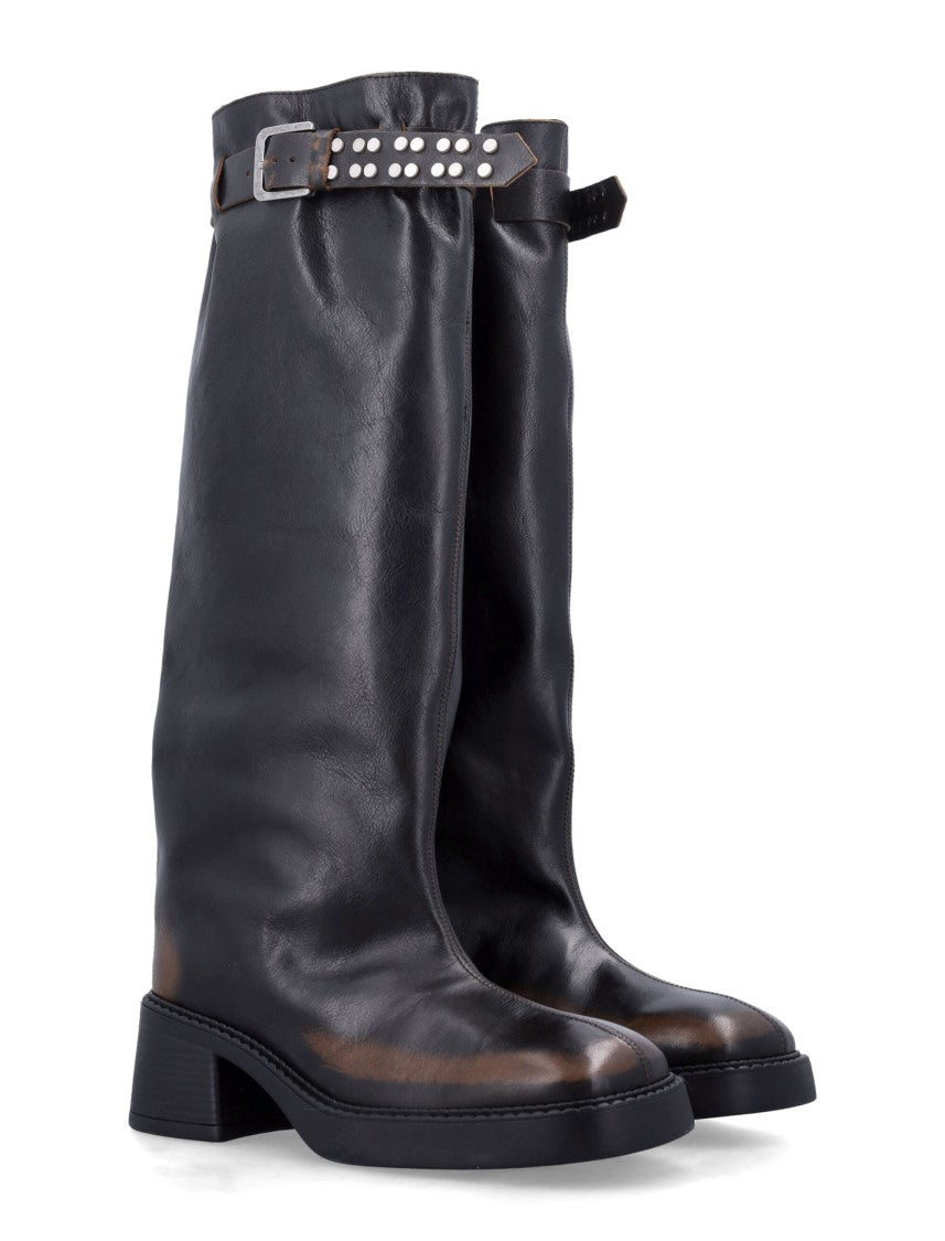 Miista Kristel Distressed-Leather Studded-Strap Boots