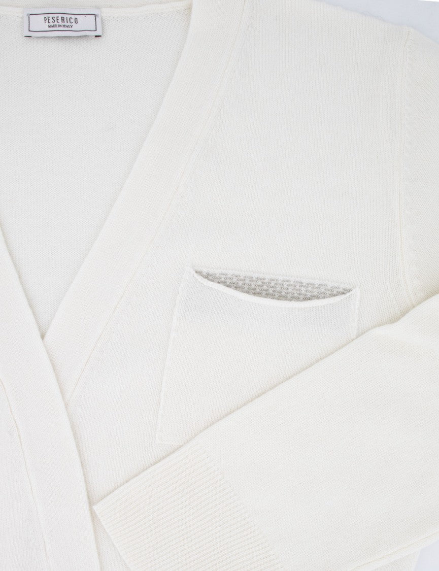 Peserico Natural White Wool Cardigan With Plunging Neckline
